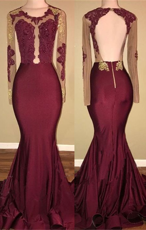 Burgundy Long-Sleeve Prom Dress |Lace Long Evening Gowns BA8439-newarrivaldress