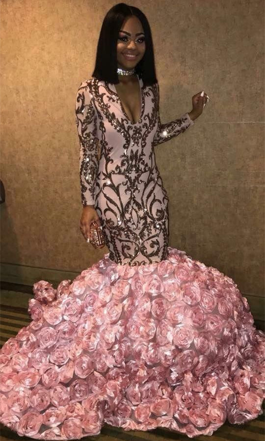 V-neck Long Sleeve Pink Flowers Prom Dresses | Mermaid Appliques Long Evening Dress bc1363-newarrivaldress