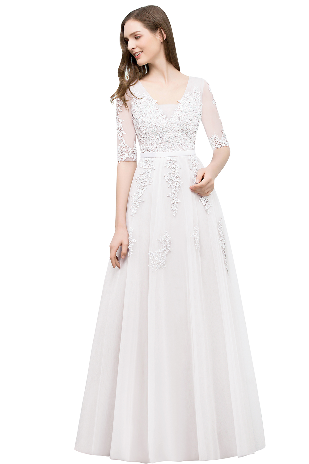 JORDYNN | A-line Half-sleeve V-neck Floor Length Appliqued Tulle Prom Dresses with Sash-newarrivaldress