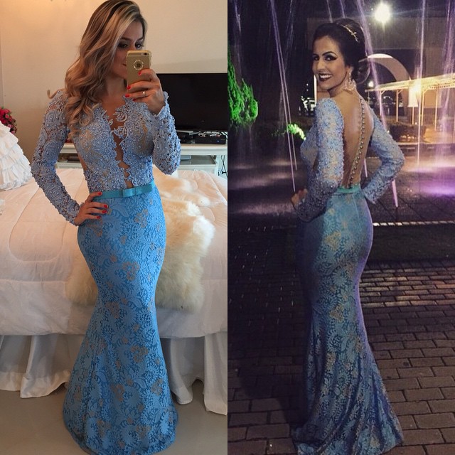Sheer Long Sleeves Lace Mermaid Prom Dresses Floor Length Evening Gowns with Buttons BT00-newarrivaldress