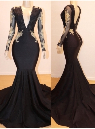 Long Sleeve Appliques Mermaid V-neck Long Prom Dresses Online-newarrivaldress