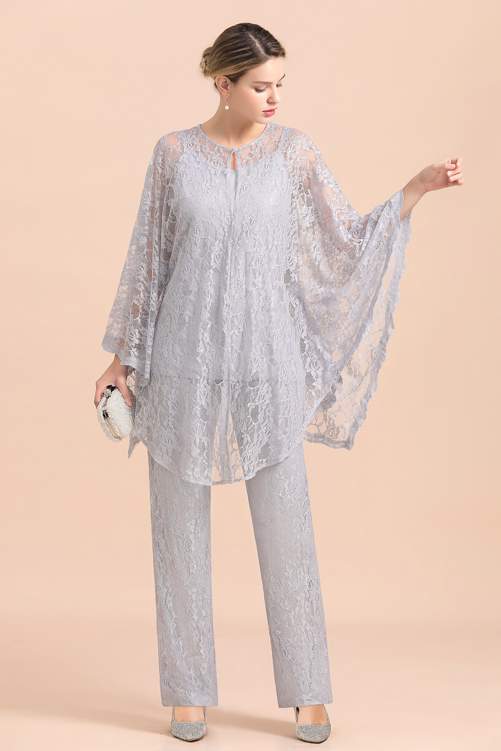 Silver Mother of Bride Pant Suits with Jacket Lace Appliques Wedding Guest Wear Outfits-newarrivaldress