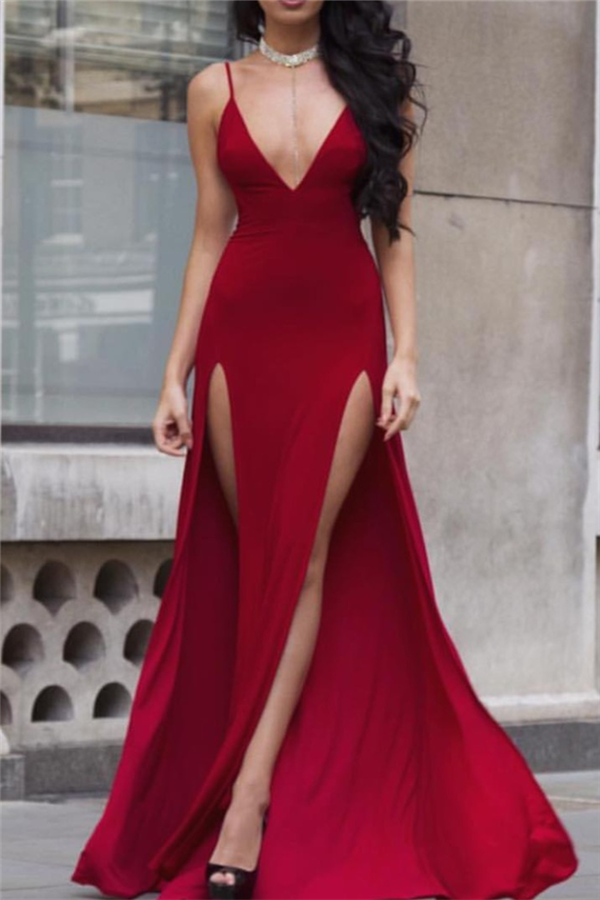 Side-Slit Spaghetti Sexy Burgundy Long Straps Deep-V-Neck Prom Dresses-newarrivaldress