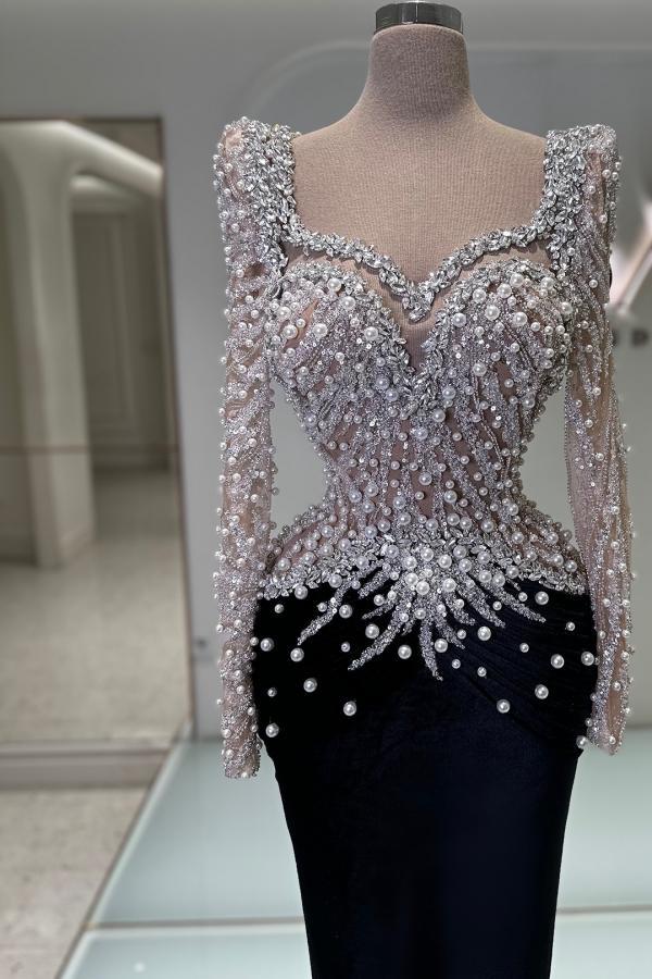 Luxury Glitter Pearls Long Prom Dress Satin Mermaid Evening Gown with Crystals-newarrivaldress