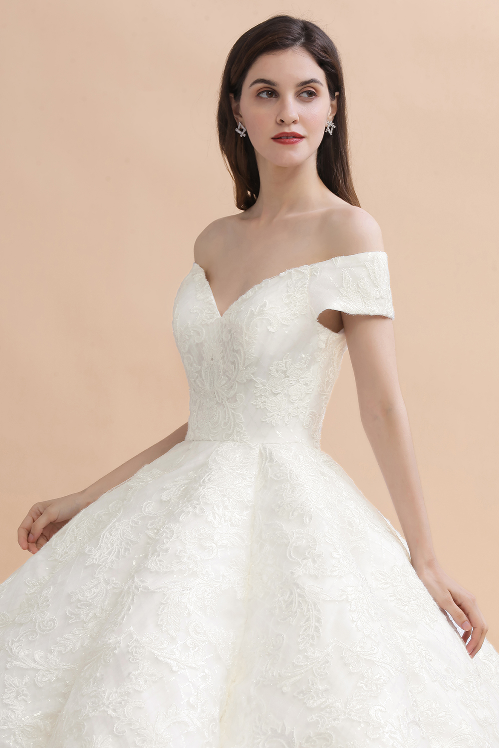 Ivory Off Shoulder Lace Appliques A-line Ball Gown Tulle Wedding Dress-newarrivaldress