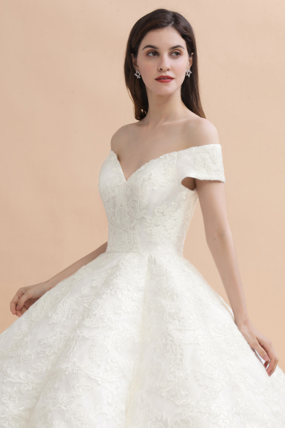Ivory Off Shoulder Lace Appliques A-line Ball Gown Tulle Wedding Dress-newarrivaldress