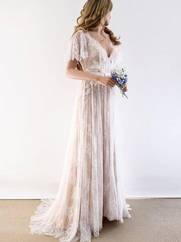 Lace Half Sleeves Boho Wedding Dress Chic Beach Bridal Gowns-newarrivaldress