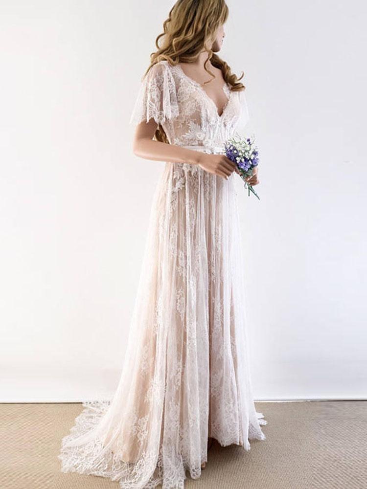 Lace Half Sleeves Boho Wedding Dress Chic Beach Bridal Gowns-newarrivaldress