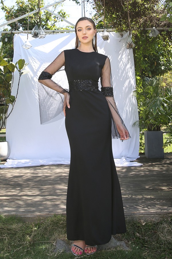 Long Sleeves Black Long Evening Dress Crew Neck Sequins Mermaid Prom Dress-newarrivaldress