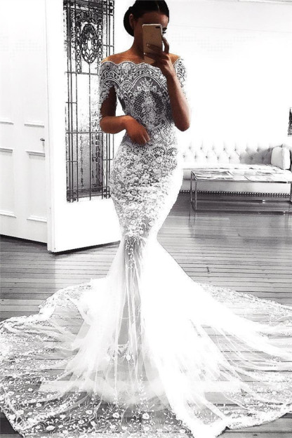 Sexy Mermaid Long Sleeve Lace Wedding Dresses | Flowers See Through Tulle Bridal Gowns-newarrivaldress