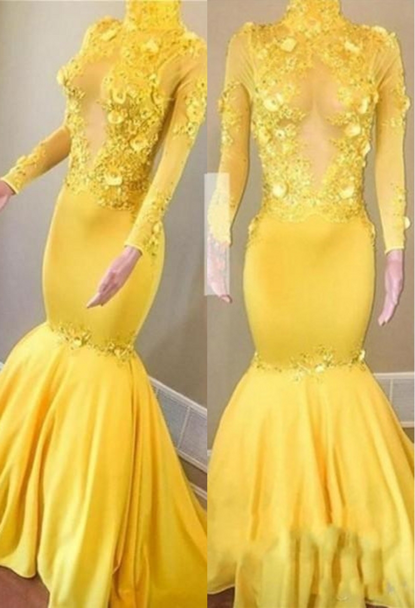 Yellow High Neck Flower Appliques Sexy Mermaid Long Sleeves Prom Dresses-newarrivaldress