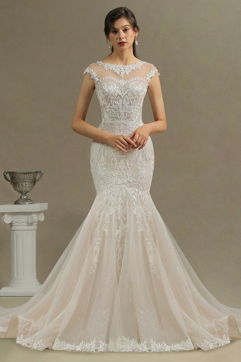 knee length dresses for ladies Zapaka Women Mermaid Wedding Dress White Lace Appliqued Long Sleeves Court Train Bridal Dress, White / US26W main image 1