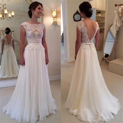 Lace Chiffon Elegant Wedding Dress with Bowknot Sash Open Back Dresses for Bridal BA52-newarrivaldress