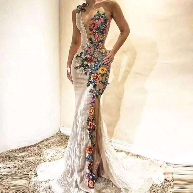 Sleeveless Mermaid Evening Dress with Colorful Floral Pattern Beadings Prom Dress