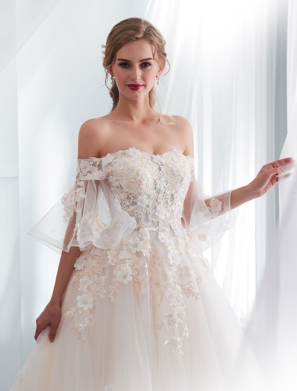 Princess Wedding Dresses Half Sleeve Off Shoulder Lace Flowers Pearls Applique Ivory Bridal Dress With Train-newarrivaldress