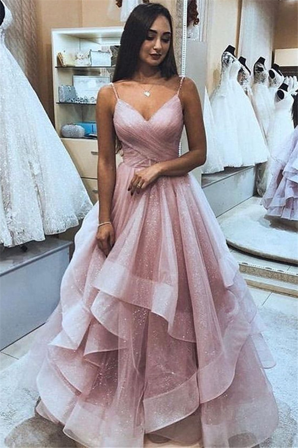 Glamorous Pink Spaghetti-Straps Tulle Ruffle Prom Dresses-newarrivaldress