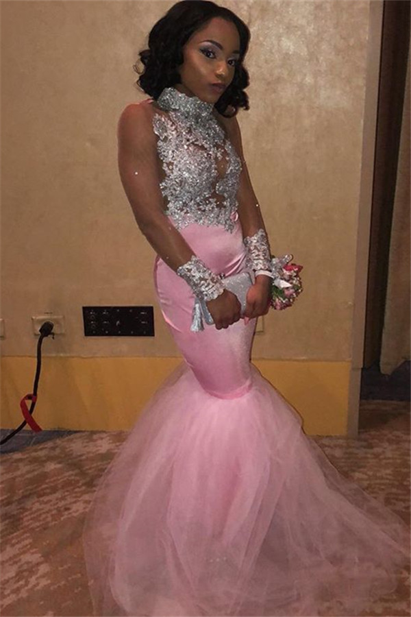 Pink High-Neck Sleeveless Appliques Tulle Sexy Mermaid Prom Dress-newarrivaldress