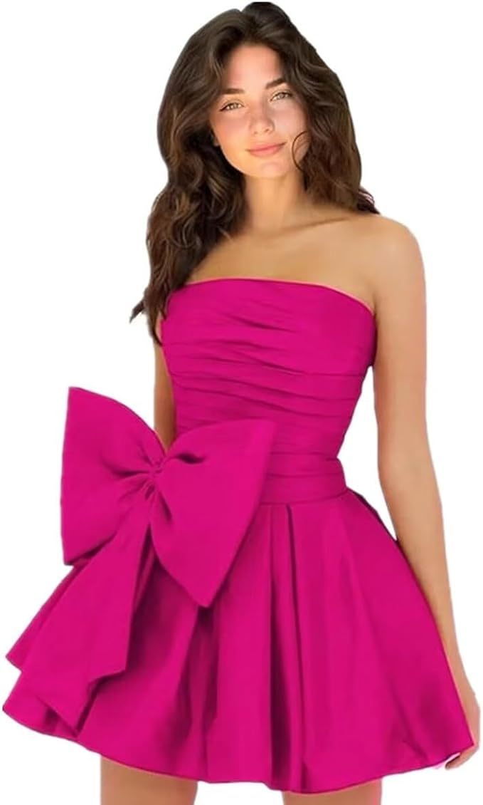 Simple Strapless Ruffle Satin Short Homecoming Dress Sleeveless Mini Party Dress with Bow-newarrivaldress