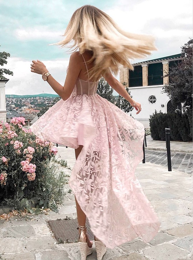 Newest Lace Spaghetti Strap Hi-Lo Homecoming Dress | Sleeveless A-line Party Gown-newarrivaldress