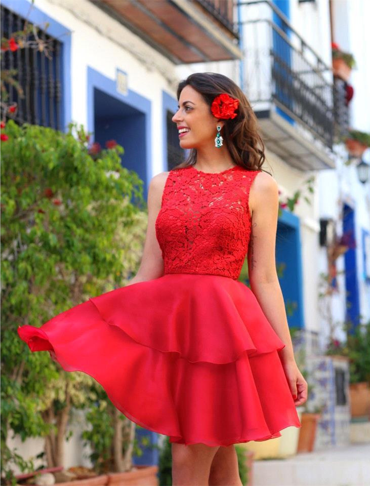 Modern Red LaceHomecoming Dress Layered Short Prom Dress-newarrivaldress
