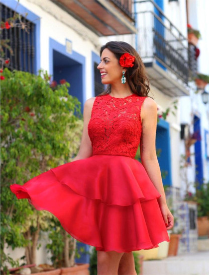 Modern Red LaceHomecoming Dress Layered Short Prom Dress-newarrivaldress