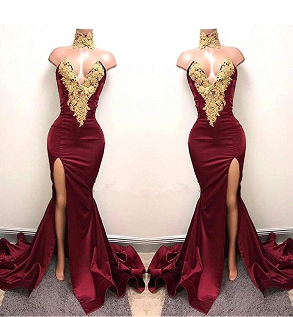Front-Split High Neck Mermaid Burgundy Lace Appliques Prom Dresses SP0326-newarrivaldress