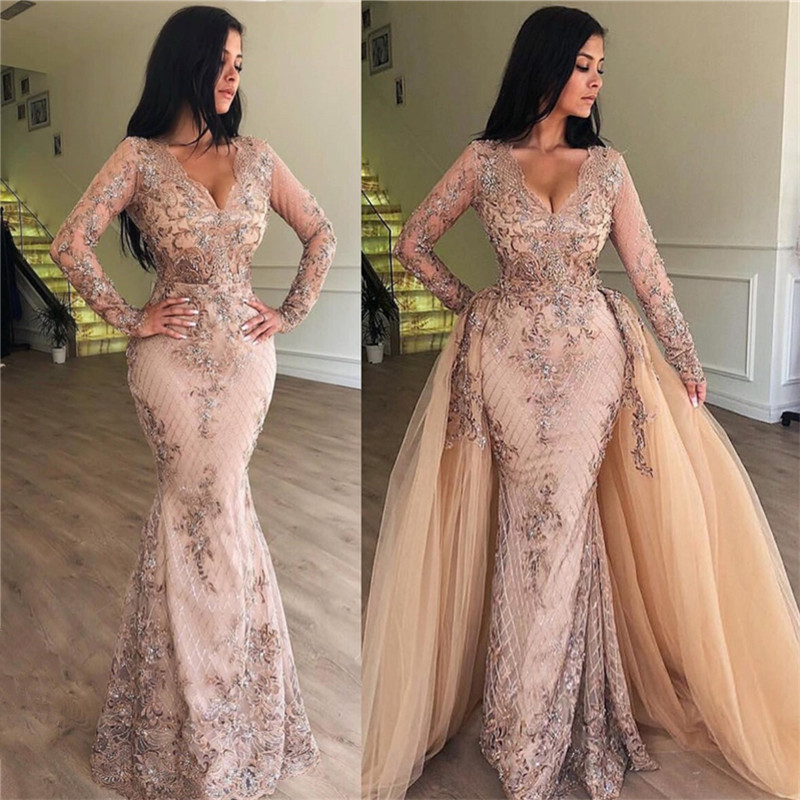 Sexy Mermaid V-neck Long Sleeves Appliqued Prom Dresses with Detachable Skirt-newarrivaldress