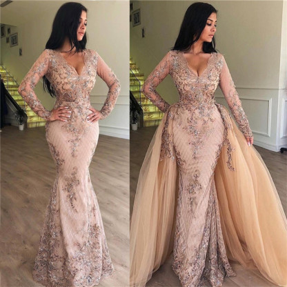Sexy Mermaid V-neck Long Sleeves Appliqued Prom Dresses with Detachable Skirt-newarrivaldress