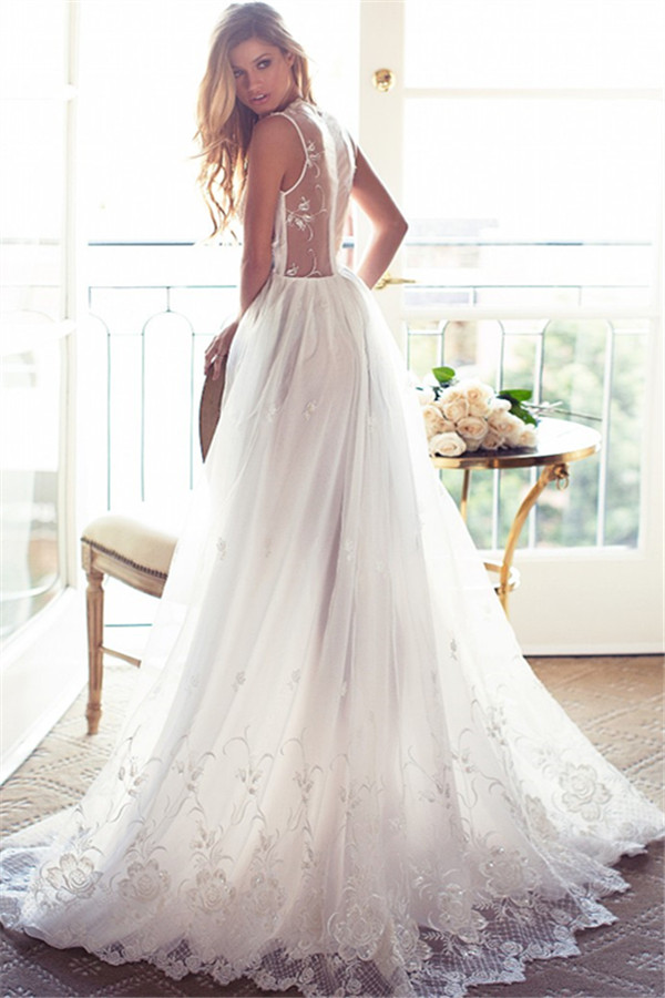 A-Line Sleeveless Gorgeous Princess Lace Custom Made V-Neck Wedding Dresses-newarrivaldress