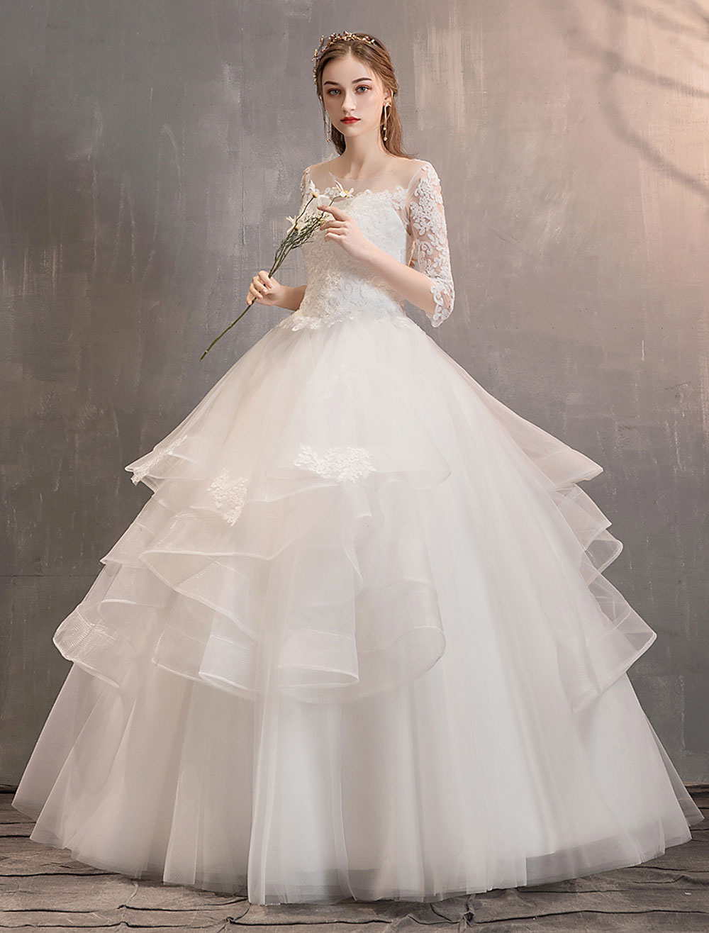 Ivory Wedding Dresses Tulle Illusion Neckline Half Sleeve Floor Length Princess Bridal Gown-newarrivaldress