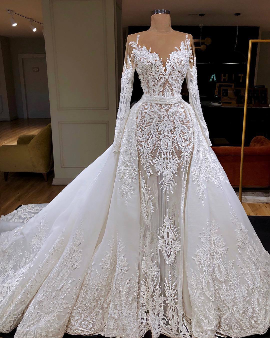 Long Sleeve See Through Tulle Wedding Dresses | Overskirt Lace Bridal Gowns 2021-newarrivaldress