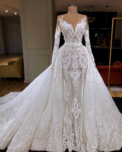 Long Sleeve See Through Tulle Wedding Dresses | Overskirt Lace Bridal Gowns 2021-newarrivaldress