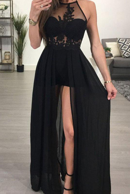 Sexy Halter A-Line Prom Dresses | Black Front Split Evening Dresses-newarrivaldress