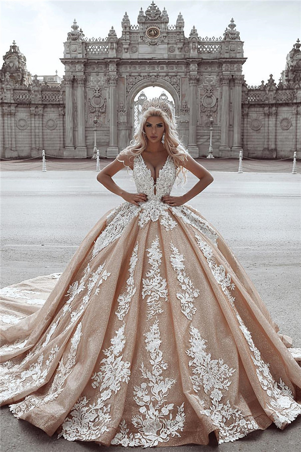 Sexy Deep V-Neck Ball Gown Wedding Dresses | Sleeveless Appliques Bridal Gowns-newarrivaldress