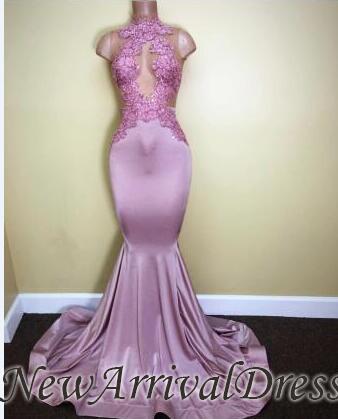 High Neck Appliques Sweep Train Mermaid Sleeveless Prom Dresses-newarrivaldress