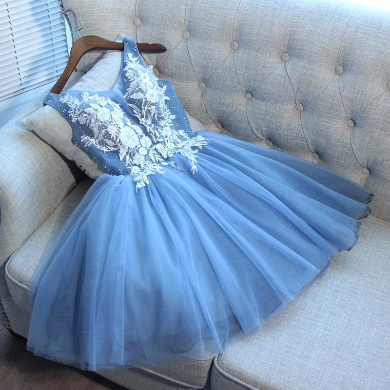 Elegant Blue Sexy Short Homecoming Dresses V-Neck Lace-Up Cocktail Dresses-newarrivaldress