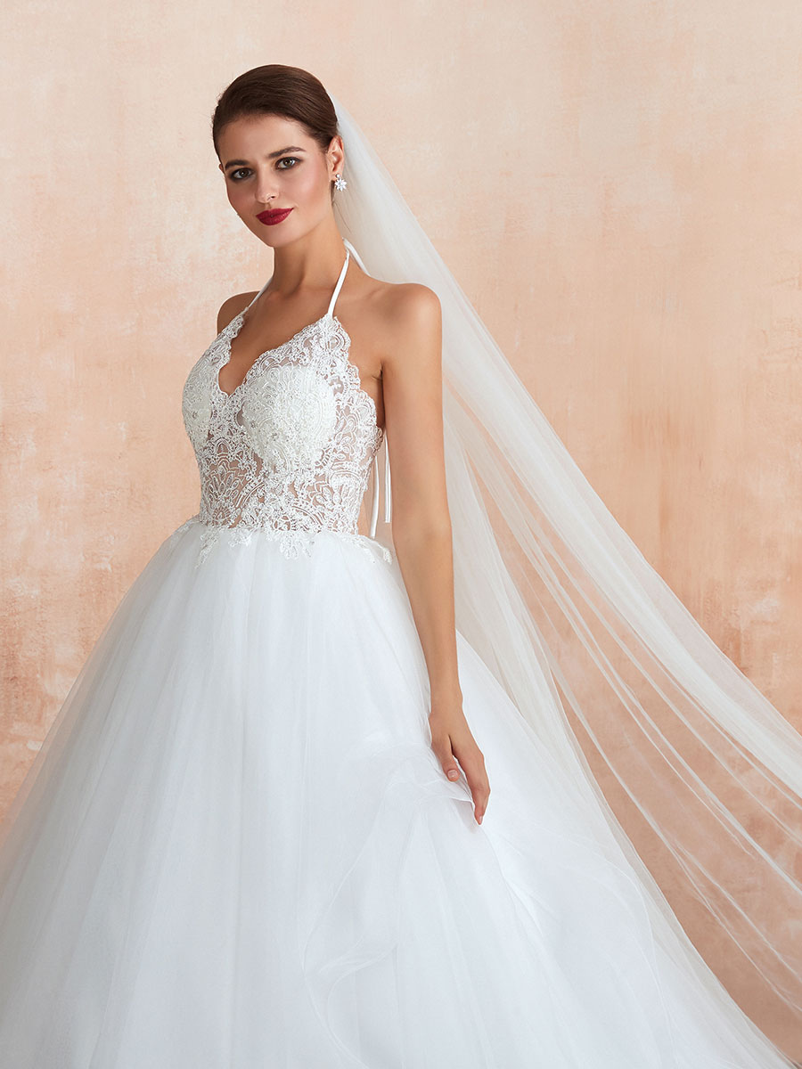 Wedding Dress 2021 Ball Gown Halter Sleeveless Floor Length Lace Tulle Bridal Gowns With Train-newarrivaldress