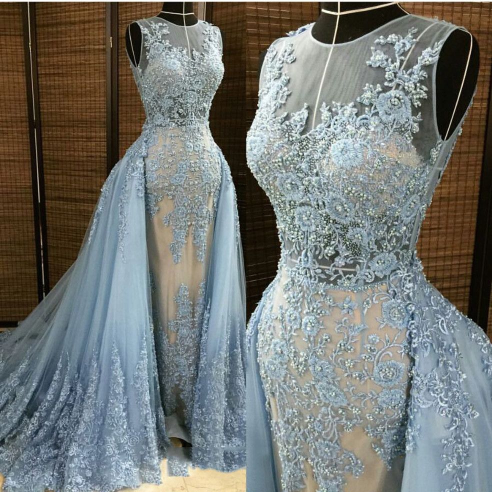 Modest Lace Appliques Blue Prom Dresses Long | Detachable Train Sleeveless Evening Dress-newarrivaldress