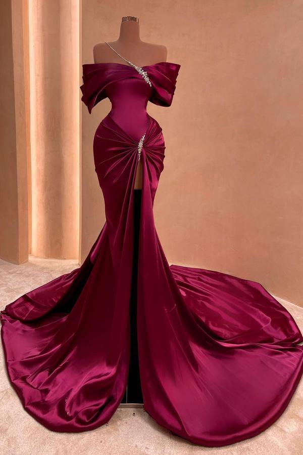 Stylish Off-the-Shoulder Front Slit Satin Long Evening Dress with Glitter Beadings-newarrivaldress