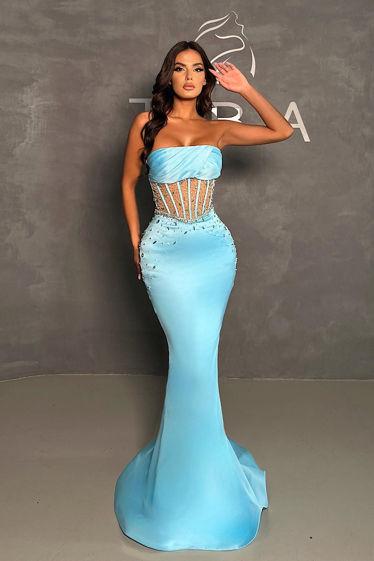 Charming Strapless Satin Sky Blue Long Mermaid Prom Dress with Rhinstones-newarrivaldress