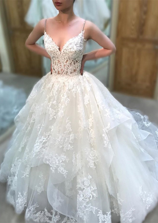 Elegant Spaghetti-Straps Lace Wedding Dresses | Sleeveless A-line Appliques Bridal Gowns-newarrivaldress