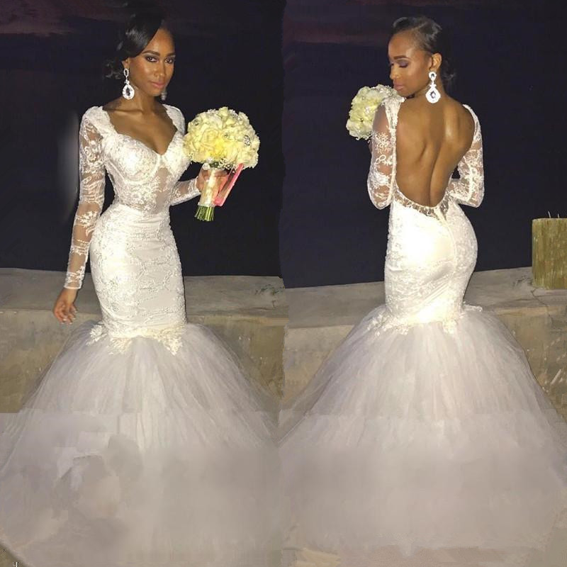 Mermaid Long Sleeve Beautiful Lace Open Back Wedding Dresses-newarrivaldress
