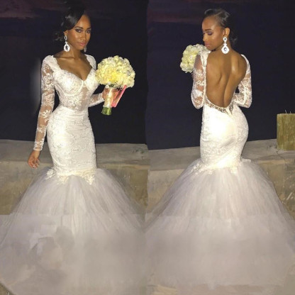 Mermaid Long Sleeve Beautiful Lace Open Back Wedding Dresses-newarrivaldress