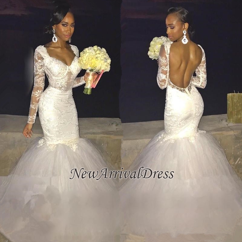 Mermaid Long Sleeve Beautiful Lace Open Back Wedding Dresses-newarrivaldress