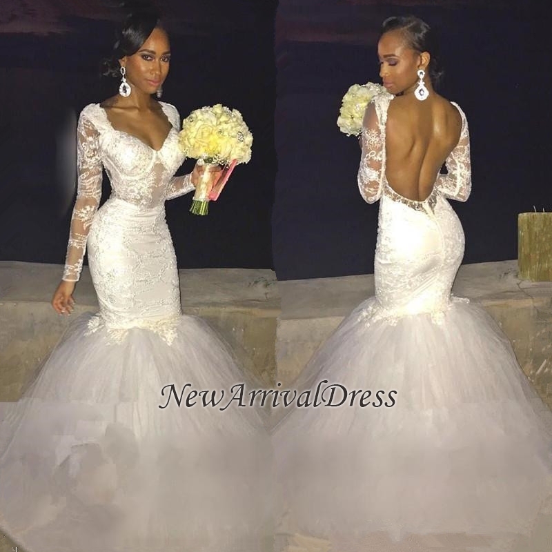 Mermaid Long Sleeve Beautiful Lace Open Back Wedding Dresses-newarrivaldress