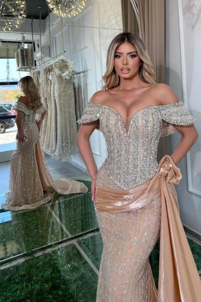 Off-the-Shoulder Glitter Sequins Mermaid Prom Dress with Sweep Train-newarrivaldress