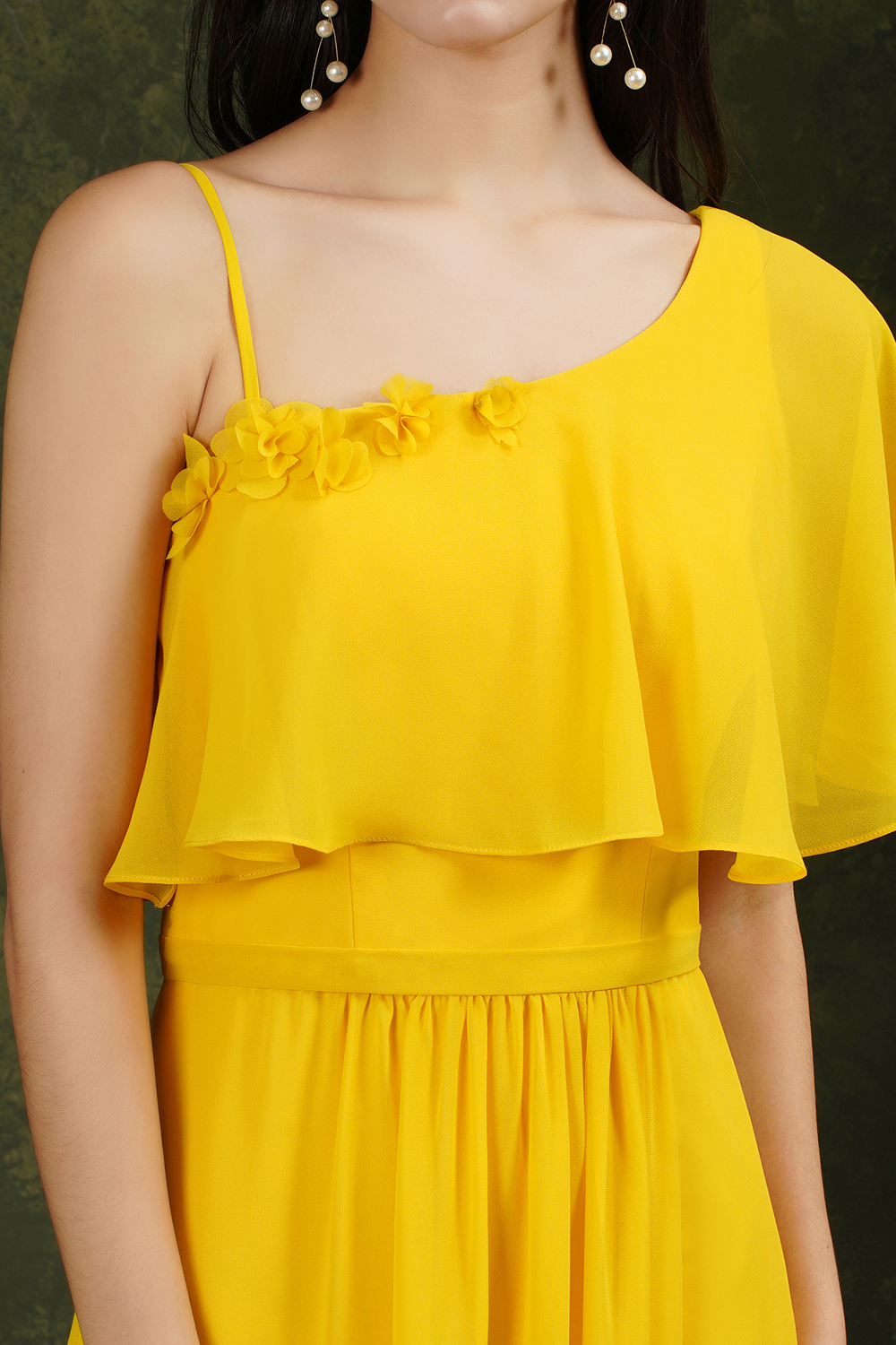 Yellow One Shoulder Chiffon Bridesmaid Dress Side Slit Long Evening Dress-newarrivaldress