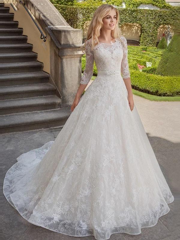 Stylish 3/4 Sleeves Lace Appliques Aline Bridal Gown Scoop Neck Wedding Dress-newarrivaldress