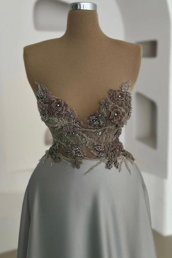 Stunning Sweetheart Silver A-line Evening Dress Sleeveless Satin Flowers Floor Length Formal Dress-newarrivaldress