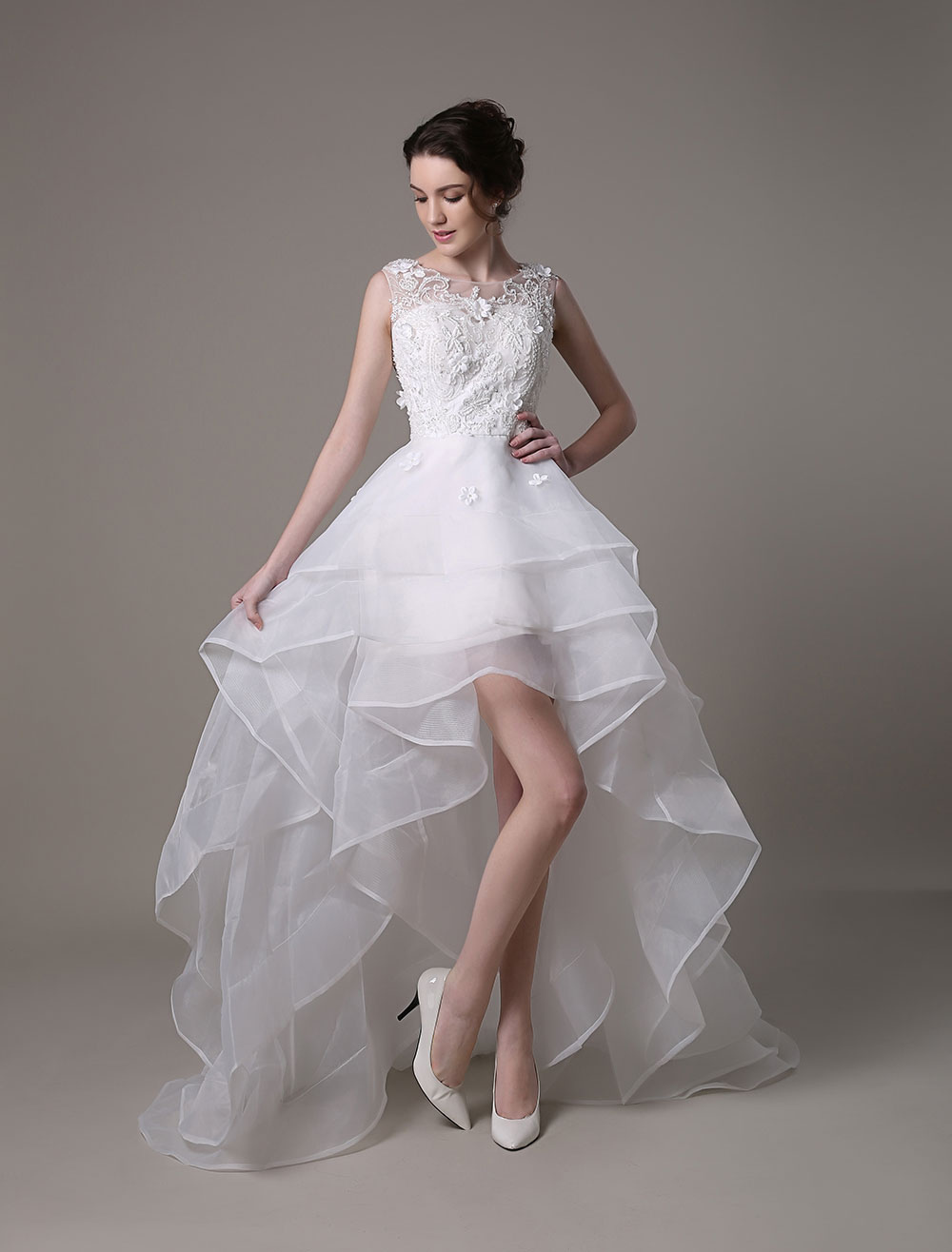 Asymmetrical Organza Wedding Dress High Low A-Line With Lace Beading Flower Exclusive-newarrivaldress